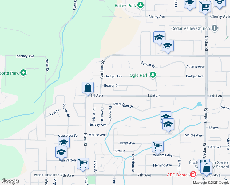 map of restaurants, bars, coffee shops, grocery stores, and more near 32350 Bear Crescent in Mission