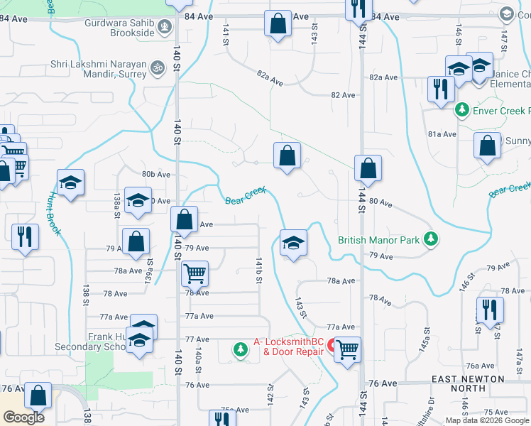 map of restaurants, bars, coffee shops, grocery stores, and more near 7966 141B Street in Surrey