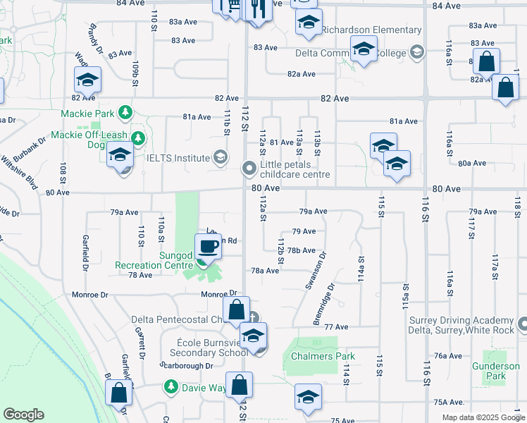 map of restaurants, bars, coffee shops, grocery stores, and more near 7961 112A Street in Delta