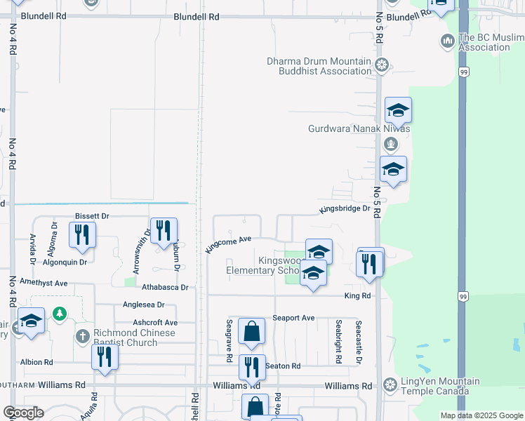 map of restaurants, bars, coffee shops, grocery stores, and more near 9413 Kingsley Crescent in Richmond