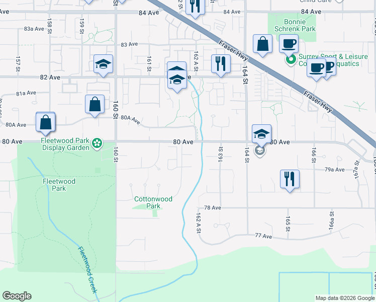 map of restaurants, bars, coffee shops, grocery stores, and more near 16215 79A Avenue in Surrey