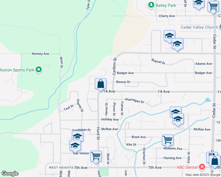 map of restaurants, bars, coffee shops, grocery stores, and more near 8015 Caribou Street in Mission