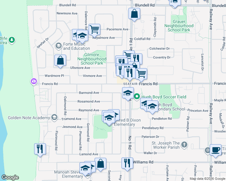 map of restaurants, bars, coffee shops, grocery stores, and more near 3811 Barmond Avenue in Richmond