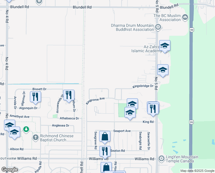 map of restaurants, bars, coffee shops, grocery stores, and more near 9409 Kingsley Crescent in Richmond