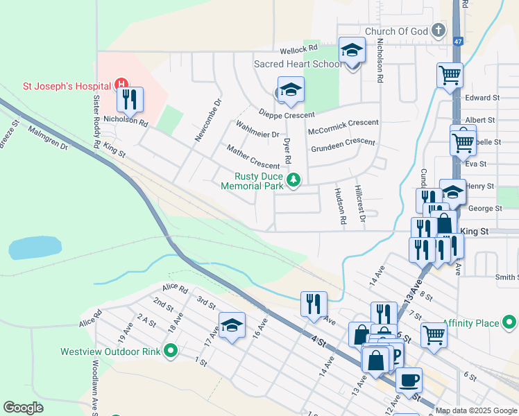 map of restaurants, bars, coffee shops, grocery stores, and more near 1291 Veterans Bay in Estevan