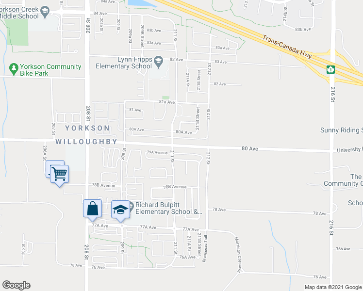 map of restaurants, bars, coffee shops, grocery stores, and more near 21129 80 Avenue in Langley