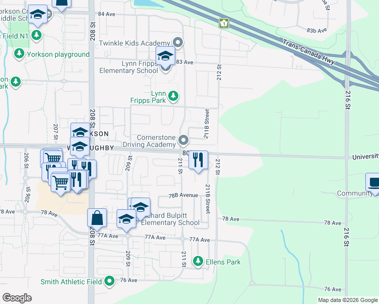 map of restaurants, bars, coffee shops, grocery stores, and more near 21123 80 Avenue in Langley