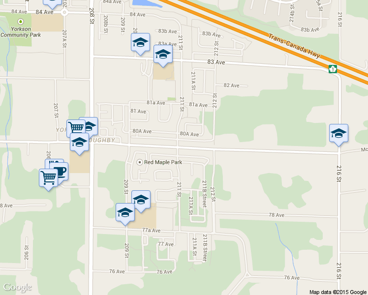 map of restaurants, bars, coffee shops, grocery stores, and more near 21081 80 Avenue in Langley