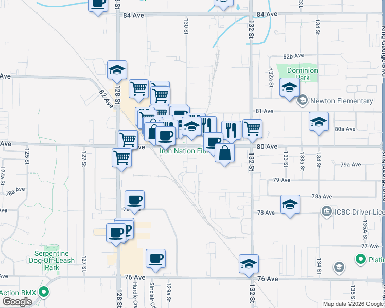 map of restaurants, bars, coffee shops, grocery stores, and more near 13018 80 Avenue in Surrey