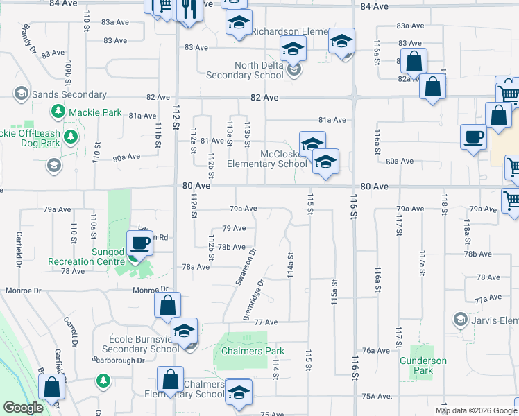 map of restaurants, bars, coffee shops, grocery stores, and more near 79A Avenue in Delta
