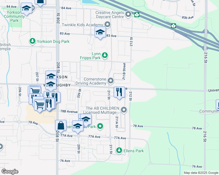 map of restaurants, bars, coffee shops, grocery stores, and more near 21009 80 Avenue in Langley