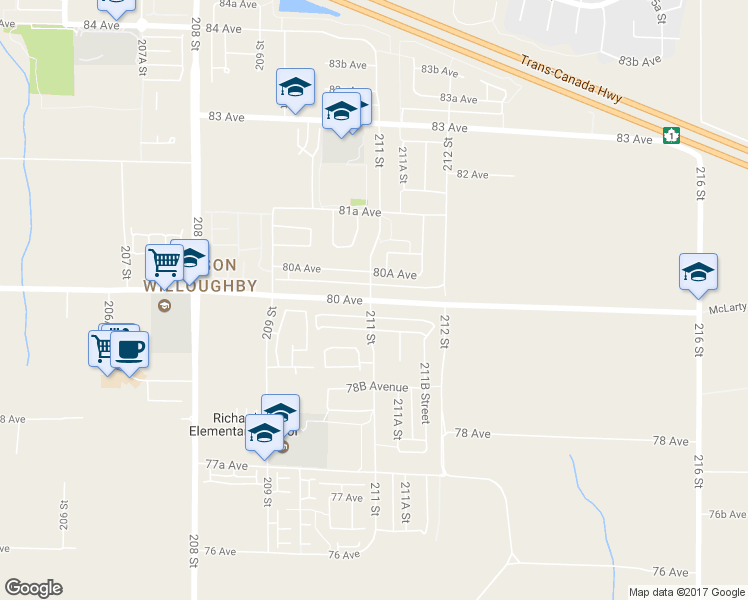 map of restaurants, bars, coffee shops, grocery stores, and more near 21025 80 Avenue in Langley