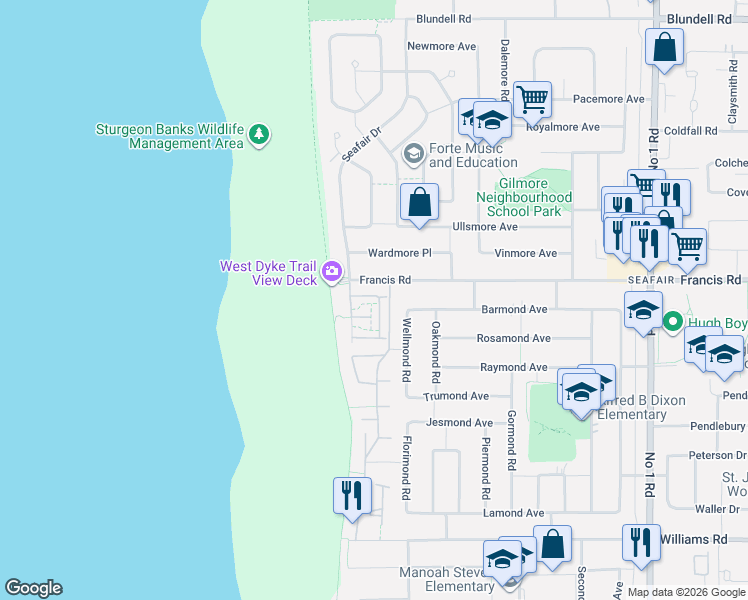 map of restaurants, bars, coffee shops, grocery stores, and more near 3088 Francis Road in Richmond