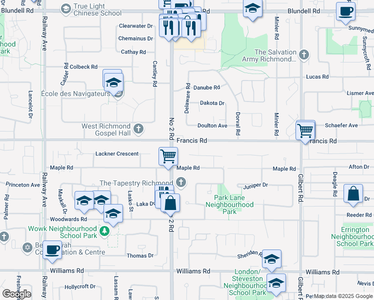 map of restaurants, bars, coffee shops, grocery stores, and more near 6035 Martyniuk Place in Richmond