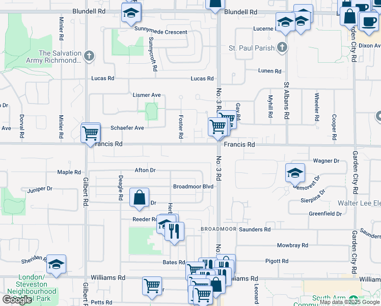 map of restaurants, bars, coffee shops, grocery stores, and more near 7600 Francis Road in Richmond