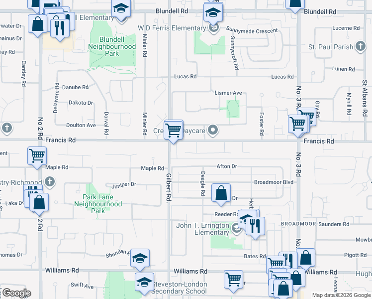map of restaurants, bars, coffee shops, grocery stores, and more near 9095 McCutcheon Place in Richmond