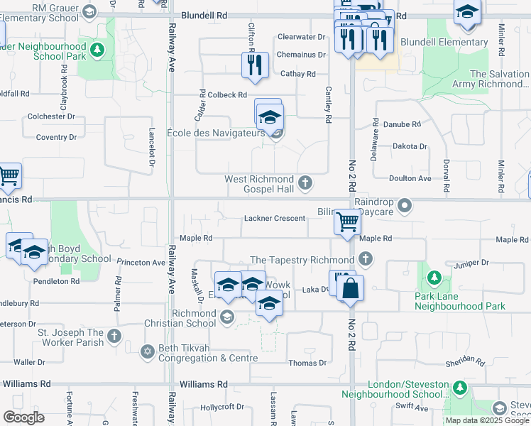 map of restaurants, bars, coffee shops, grocery stores, and more near 5451 Lackner Crescent in Richmond