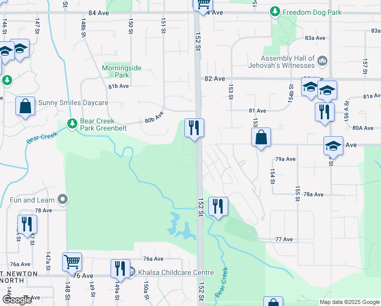 map of restaurants, bars, coffee shops, grocery stores, and more near 7979 152 Street in Surrey