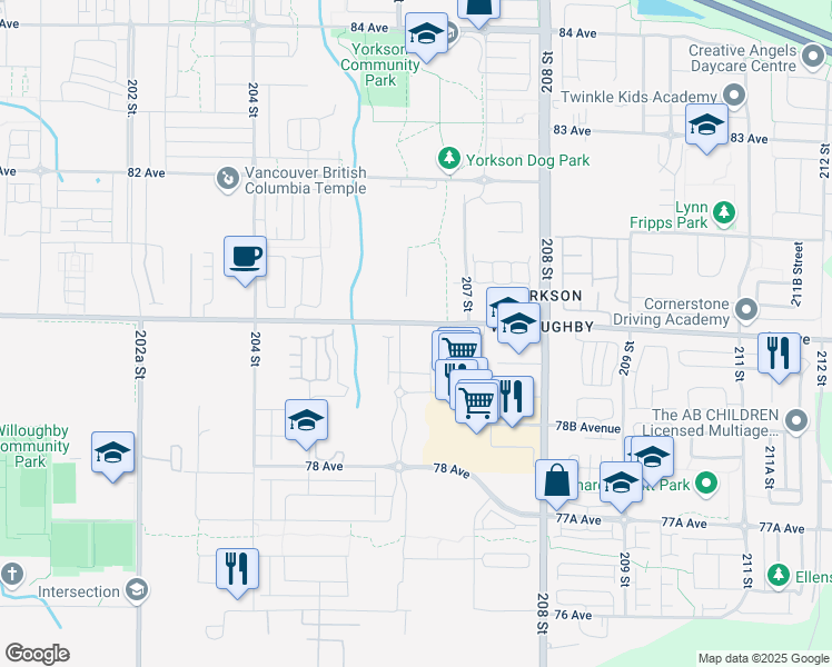 map of restaurants, bars, coffee shops, grocery stores, and more near 20614 80 Avenue in Langley Township
