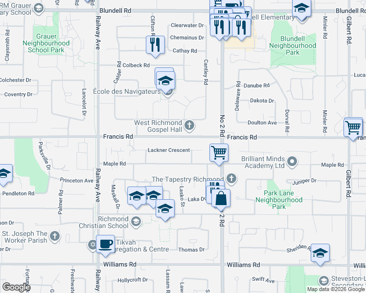 map of restaurants, bars, coffee shops, grocery stores, and more near 5555 Lackner Crescent in Richmond