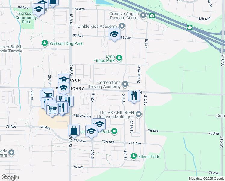 map of restaurants, bars, coffee shops, grocery stores, and more near 21136 80 Avenue in Langley