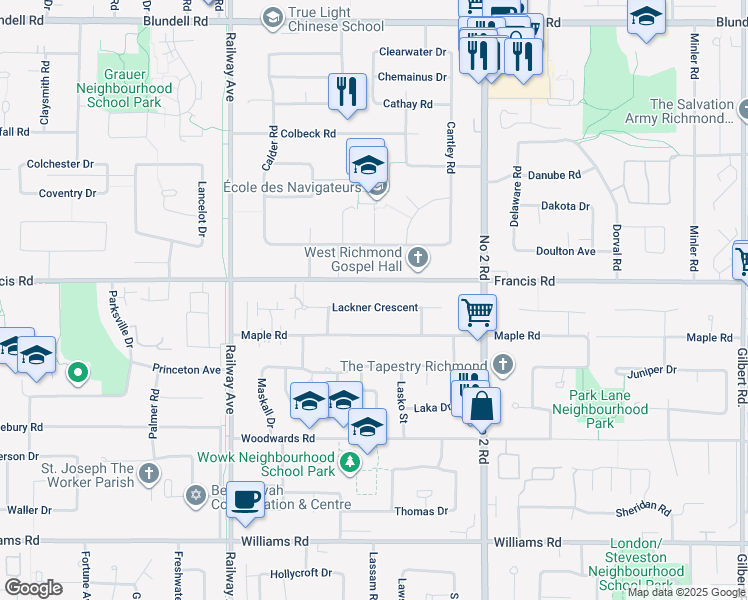 map of restaurants, bars, coffee shops, grocery stores, and more near 5475 Lackner Crescent in Richmond