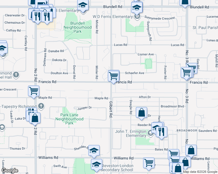 map of restaurants, bars, coffee shops, grocery stores, and more near 9091 Gilbert Road in Richmond