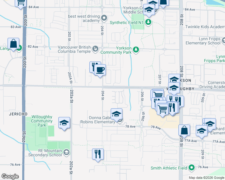 map of restaurants, bars, coffee shops, grocery stores, and more near 7919 204B Street in Langley Township