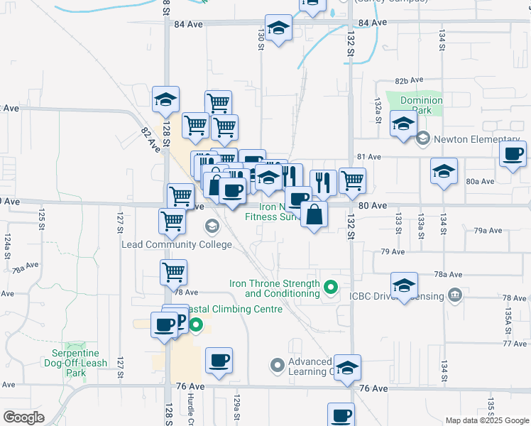 map of restaurants, bars, coffee shops, grocery stores, and more near 13018 80 Avenue in Surrey