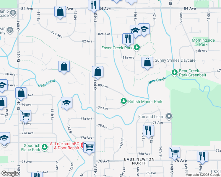 map of restaurants, bars, coffee shops, grocery stores, and more near 80 Avenue in Surrey