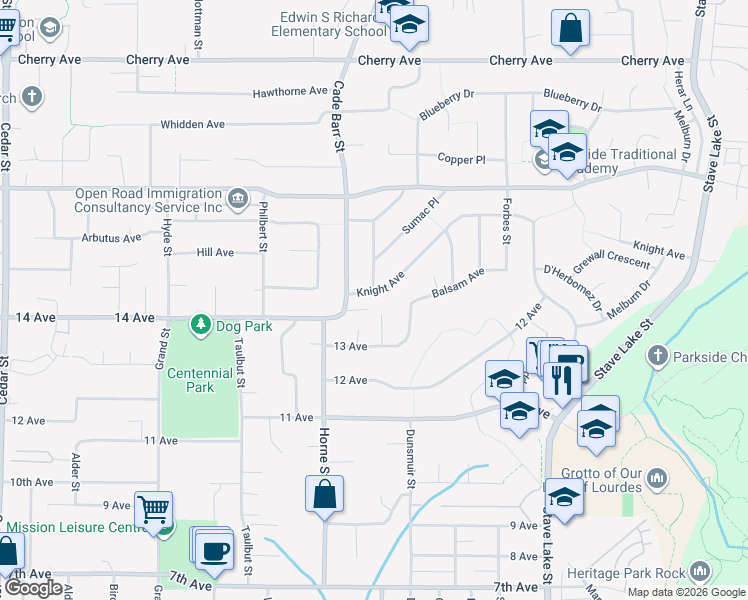 map of restaurants, bars, coffee shops, grocery stores, and more near 33368 Knight Avenue in Mission