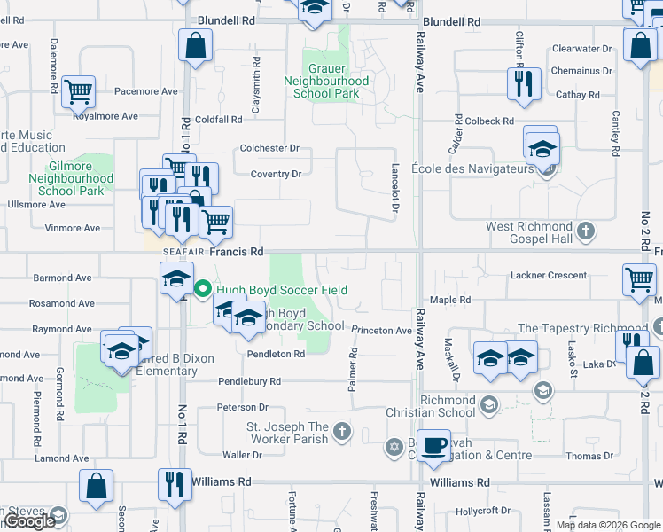 map of restaurants, bars, coffee shops, grocery stores, and more near 9080 Parksville Drive in Richmond
