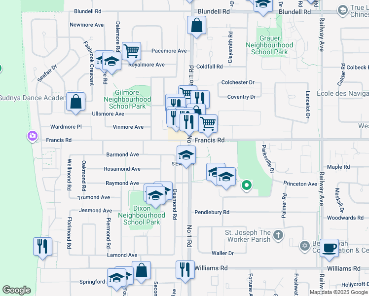 map of restaurants, bars, coffee shops, grocery stores, and more near in Richmond
