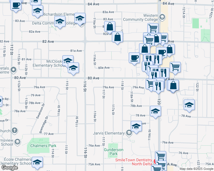 map of restaurants, bars, coffee shops, grocery stores, and more near 11721 79A Avenue in Delta