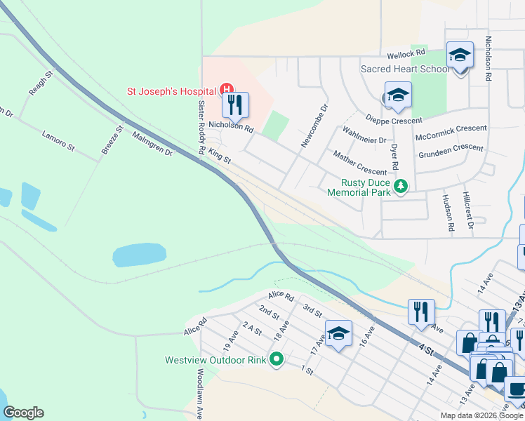 map of restaurants, bars, coffee shops, grocery stores, and more near 23 Royal Heights Home Park in Estevan