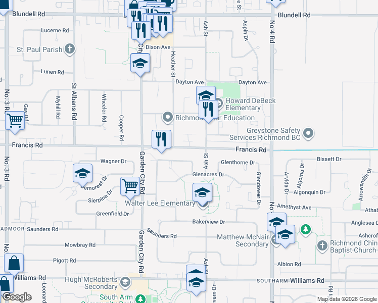 map of restaurants, bars, coffee shops, grocery stores, and more near 9360 Francis Road in Richmond