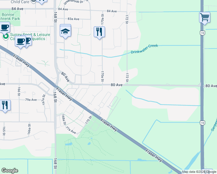 map of restaurants, bars, coffee shops, grocery stores, and more near 17126 80 Avenue in Surrey