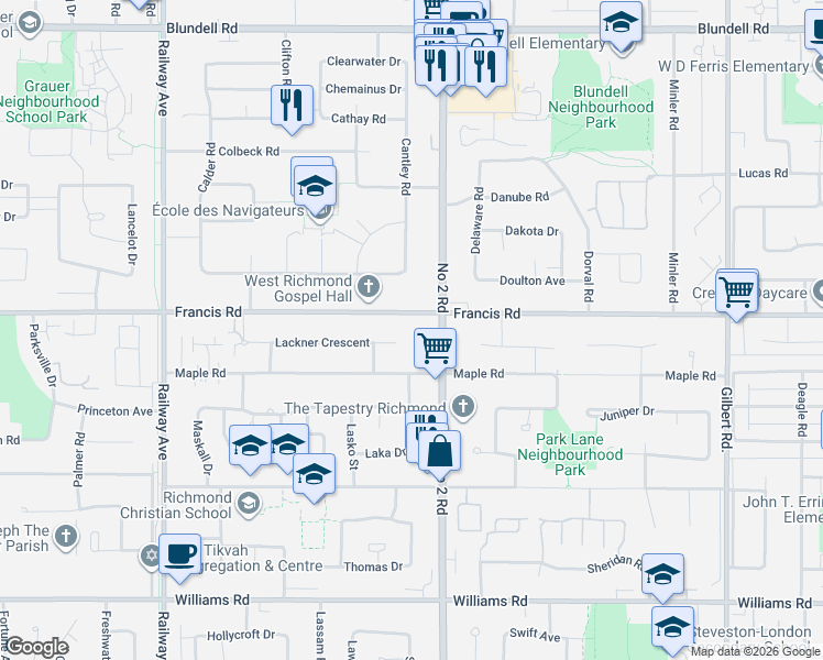 map of restaurants, bars, coffee shops, grocery stores, and more near 5651 Lackner Crescent in Richmond