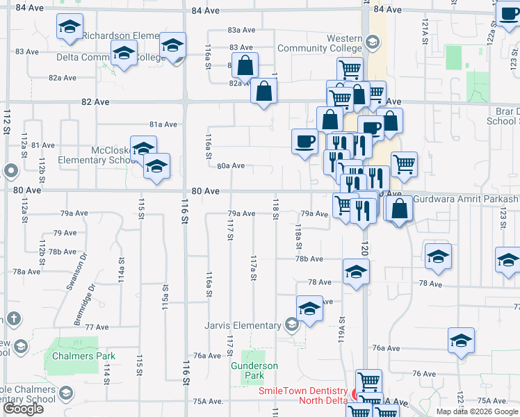map of restaurants, bars, coffee shops, grocery stores, and more near 11767 79A Avenue in Delta