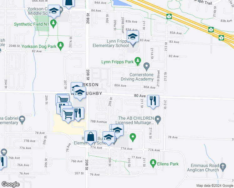 map of restaurants, bars, coffee shops, grocery stores, and more near 20945 80 Avenue in Langley
