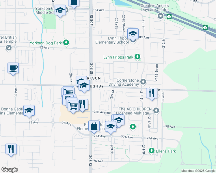 map of restaurants, bars, coffee shops, grocery stores, and more near 80 Avenue in Langley