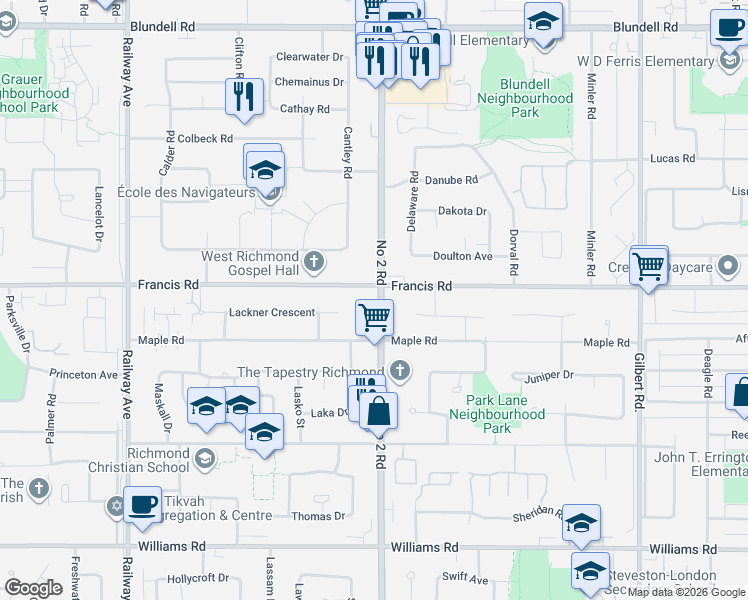 map of restaurants, bars, coffee shops, grocery stores, and more near 9031 Number 2 Road in Richmond