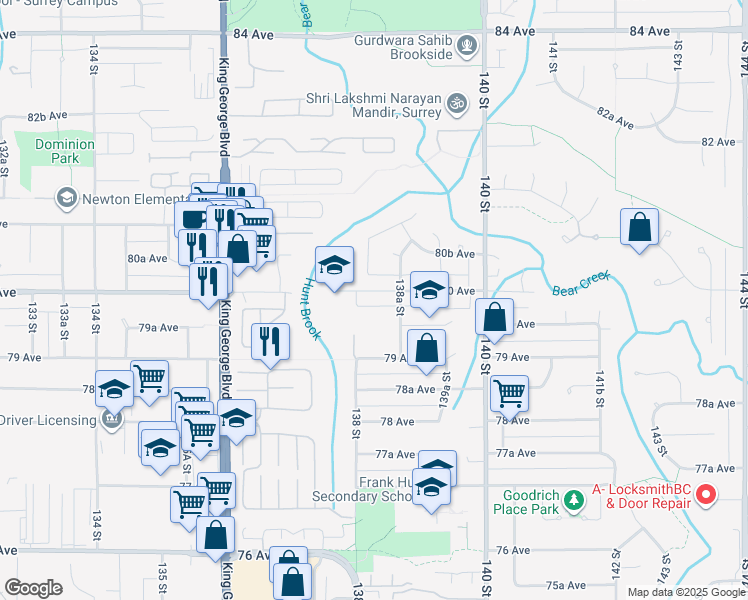 map of restaurants, bars, coffee shops, grocery stores, and more near 13836 80 Avenue in Surrey