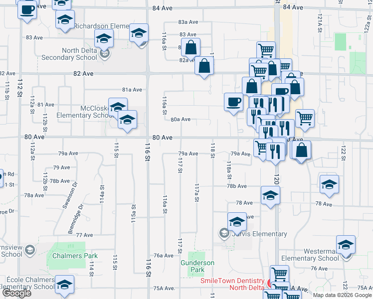 map of restaurants, bars, coffee shops, grocery stores, and more near 11721 79A Avenue in Delta