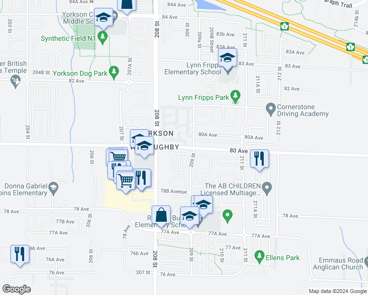 map of restaurants, bars, coffee shops, grocery stores, and more near 19925 Willowbrook Drive in Langley