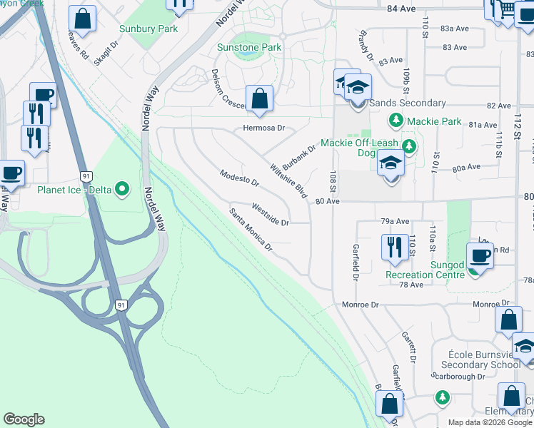 map of restaurants, bars, coffee shops, grocery stores, and more near 10671 Westside Drive in Delta