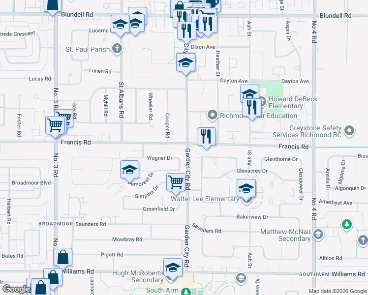 map of restaurants, bars, coffee shops, grocery stores, and more near 8851 Wagner Drive in Richmond