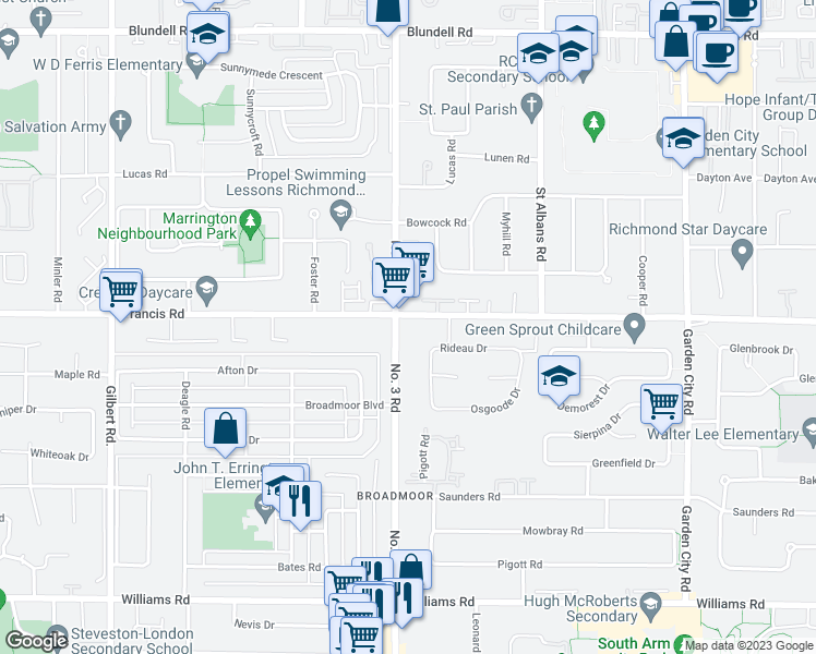 map of restaurants, bars, coffee shops, grocery stores, and more near 9100 No. 3 Road in Richmond