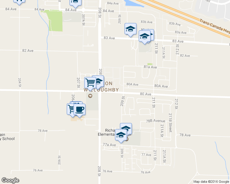 map of restaurants, bars, coffee shops, grocery stores, and more near 20939 80 Avenue in Langley