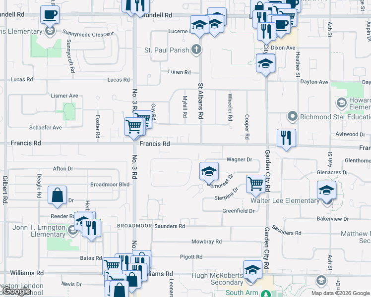 map of restaurants, bars, coffee shops, grocery stores, and more near 8308 Francis Road in Richmond
